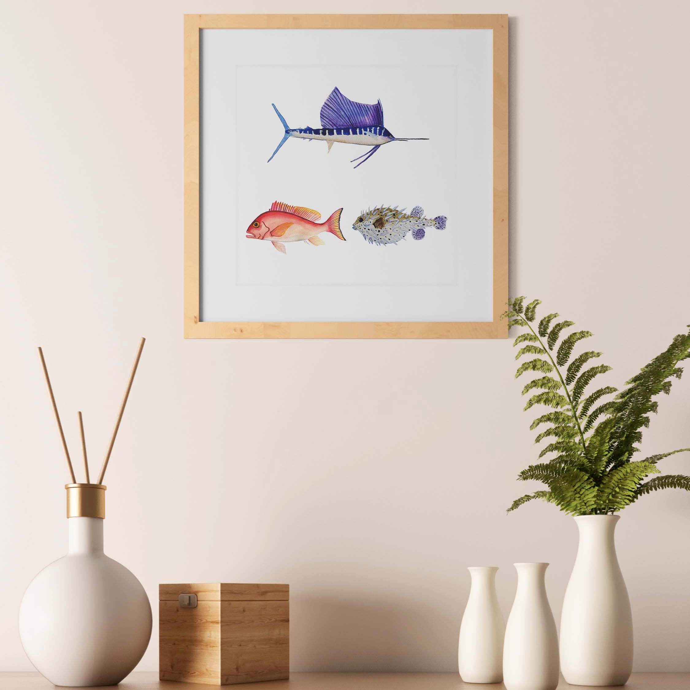 [Poster naturaliste de trois poissons à l'aquarelle]