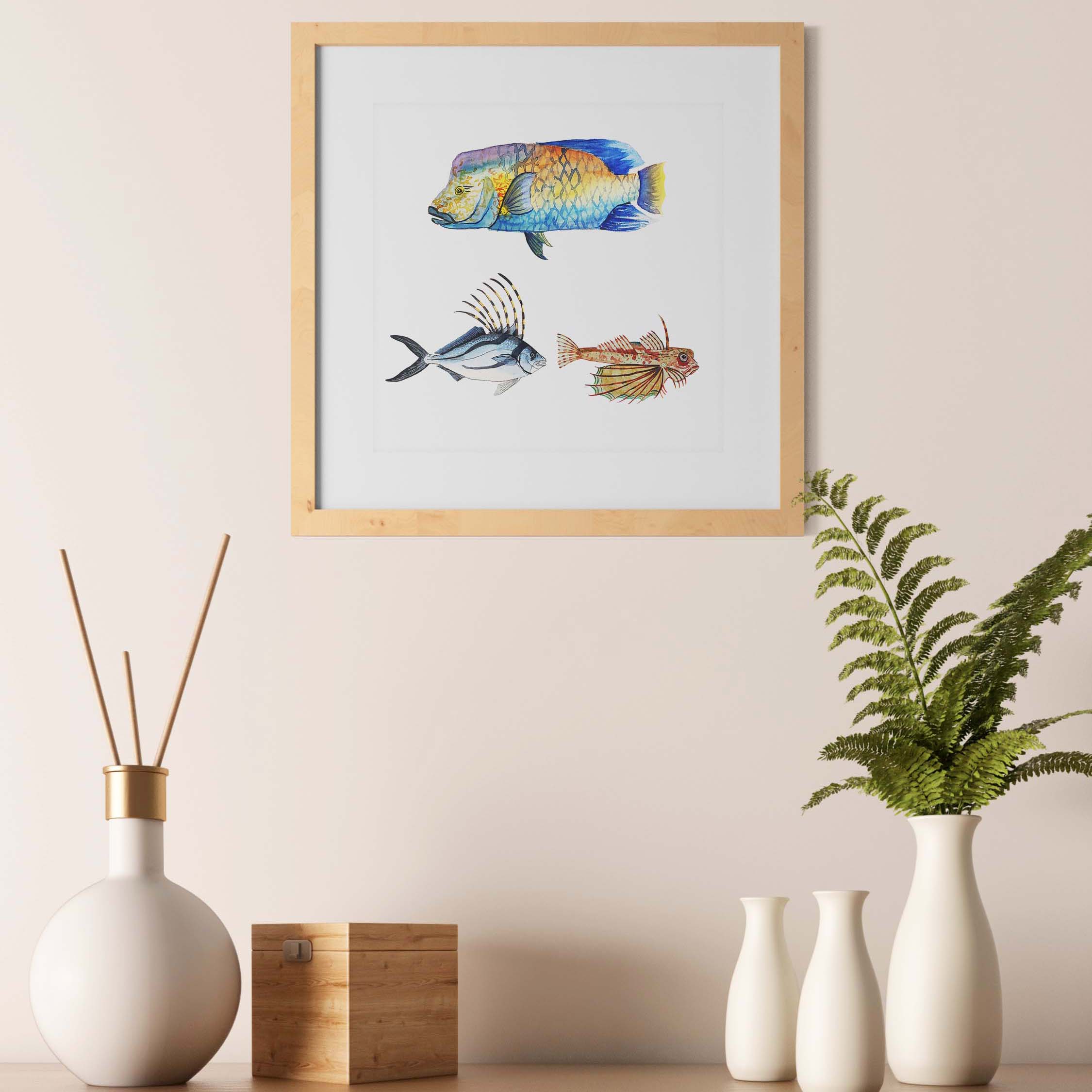 [Poster naturaliste de trois poissons à l'aquarelle]