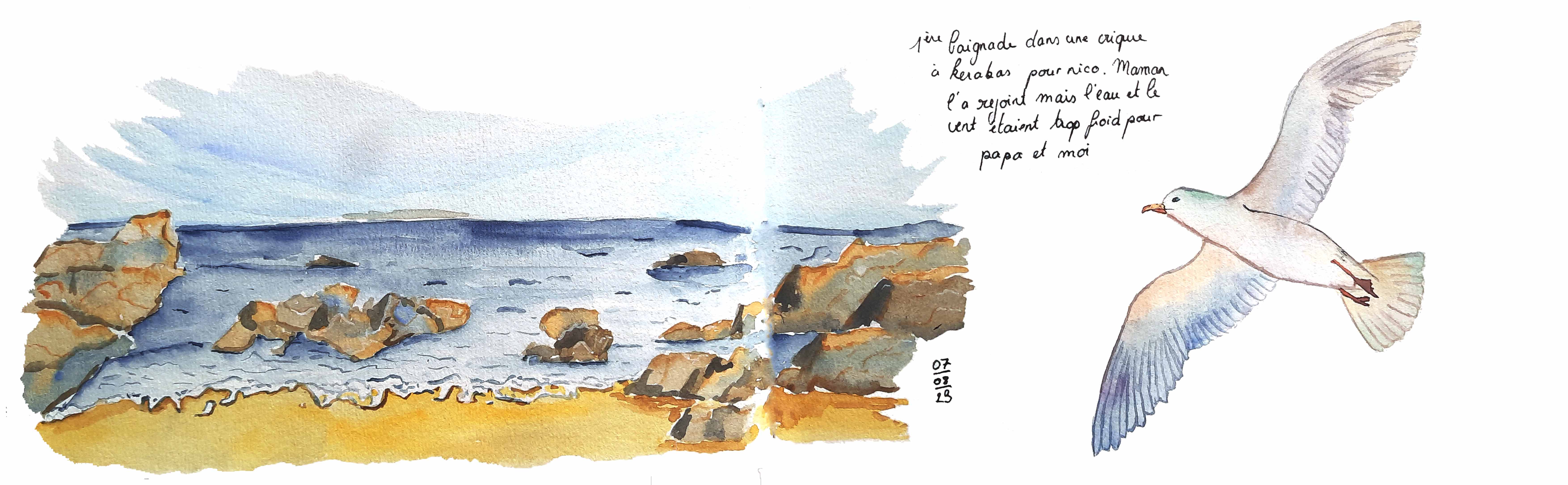 Illustration à l'aquarelle de la digue de Brigneau à Moelan-sur-Mer