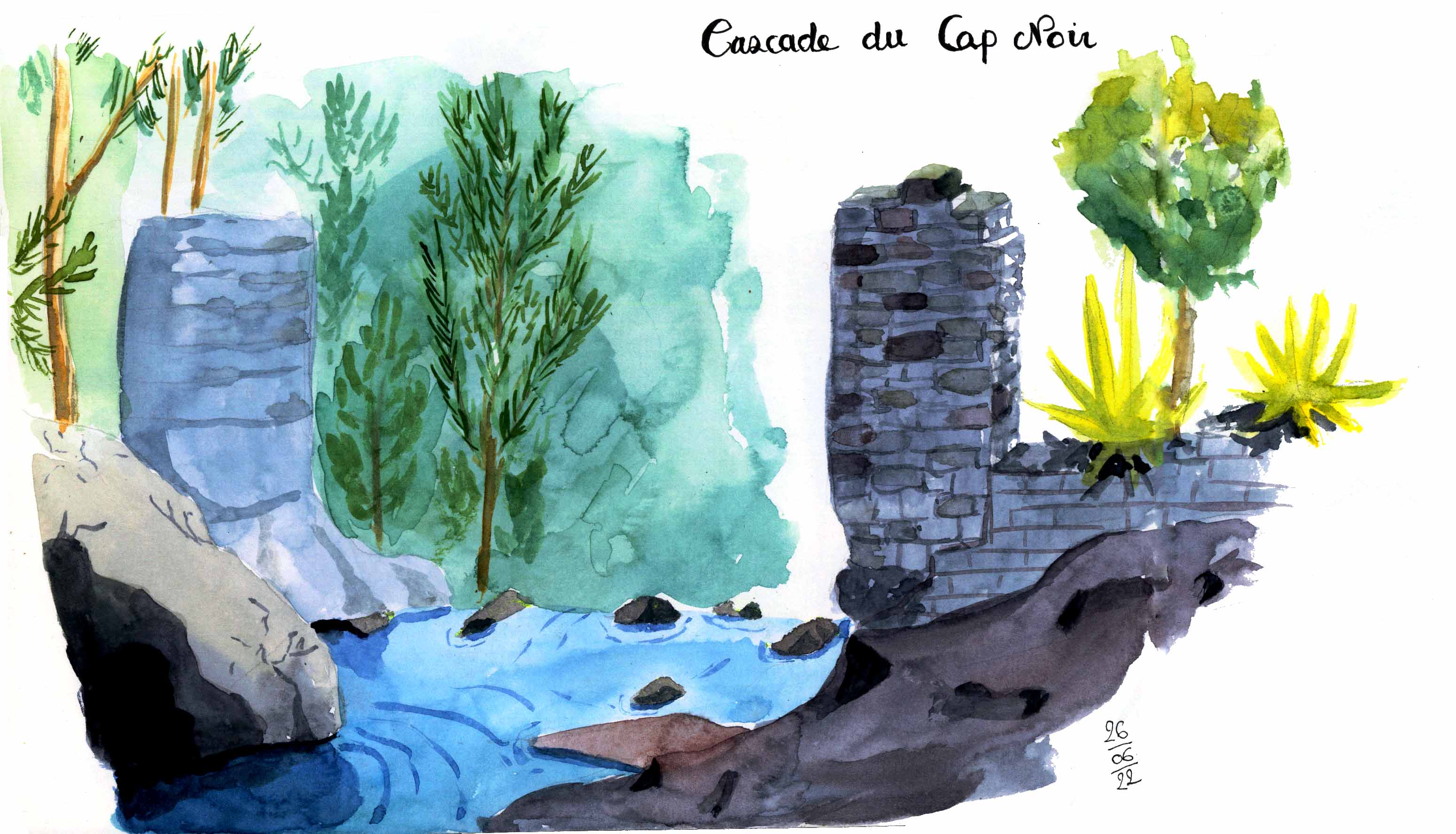 Illsutration à l'aquarelle du Bassin de Cap Noir dans le cirque de Cilaos à l'ile de La Réunion