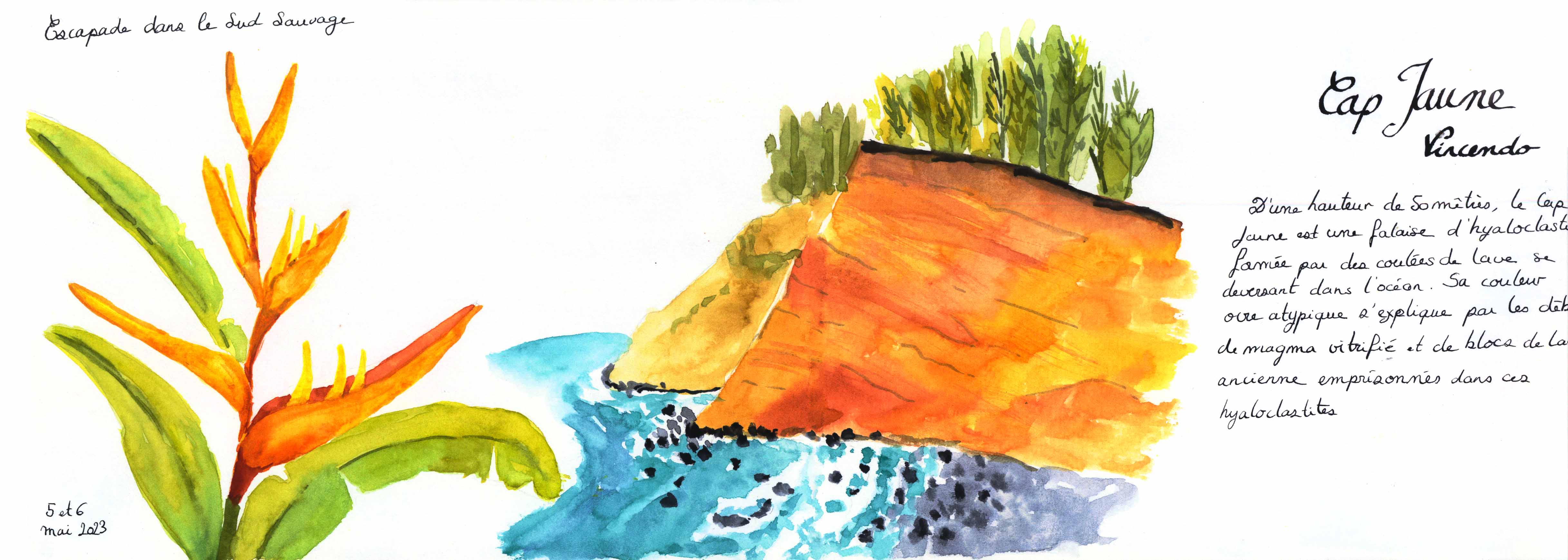 Double page illustrée à l'aquarelle de Cap Jaune dans le sud de l'île de La Réunion