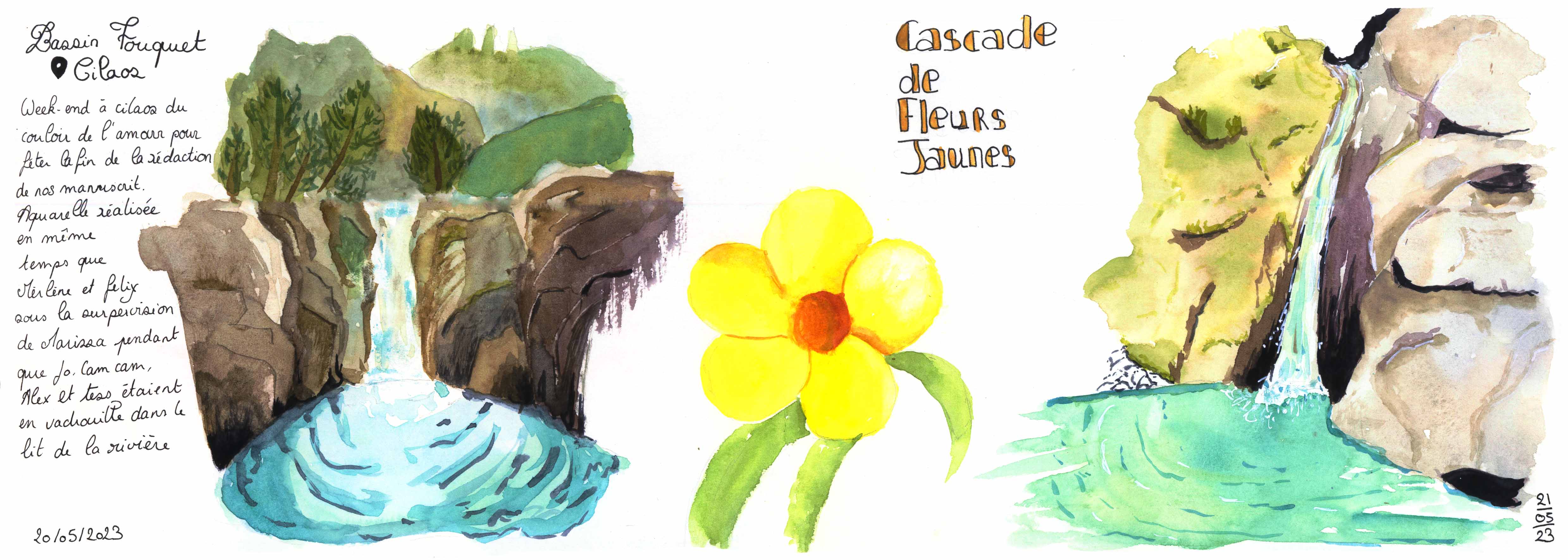 Double page illustrée à l'aquarelle du cirque Cilaos avec la cascade des fleurs jaunes