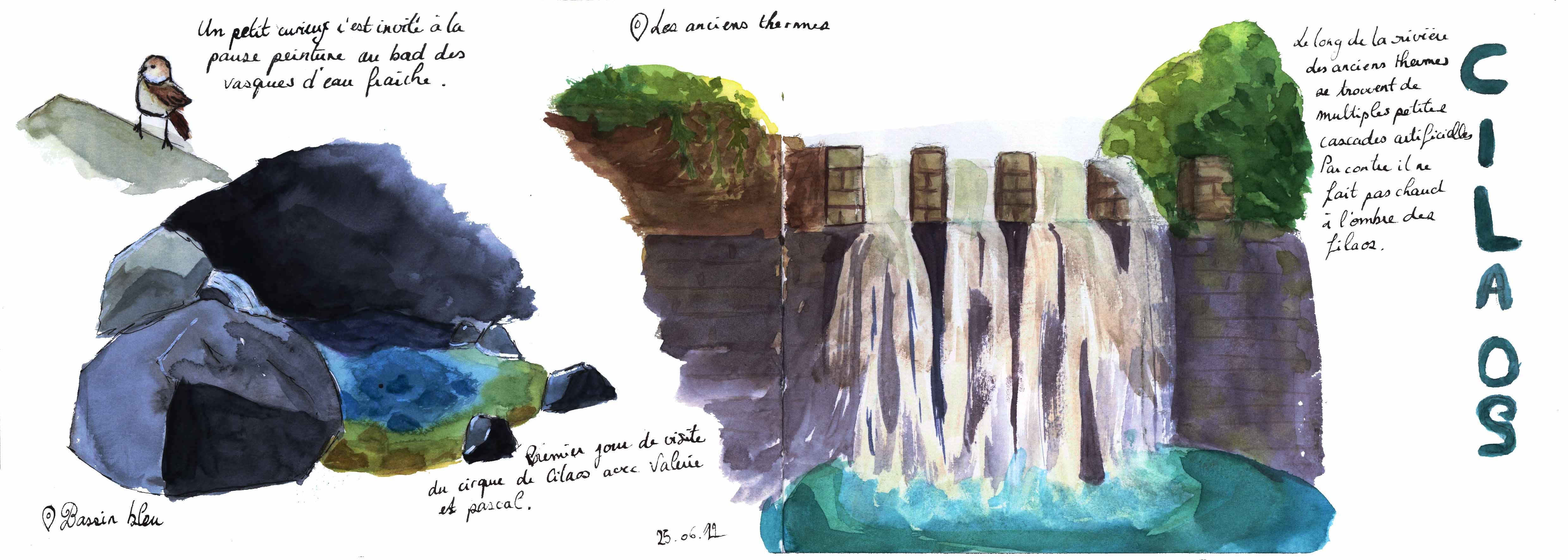 Double page illustrée à l'aquarelle du Bassin Bleu dans le cirque de Cilaos à l'île de La Réunion