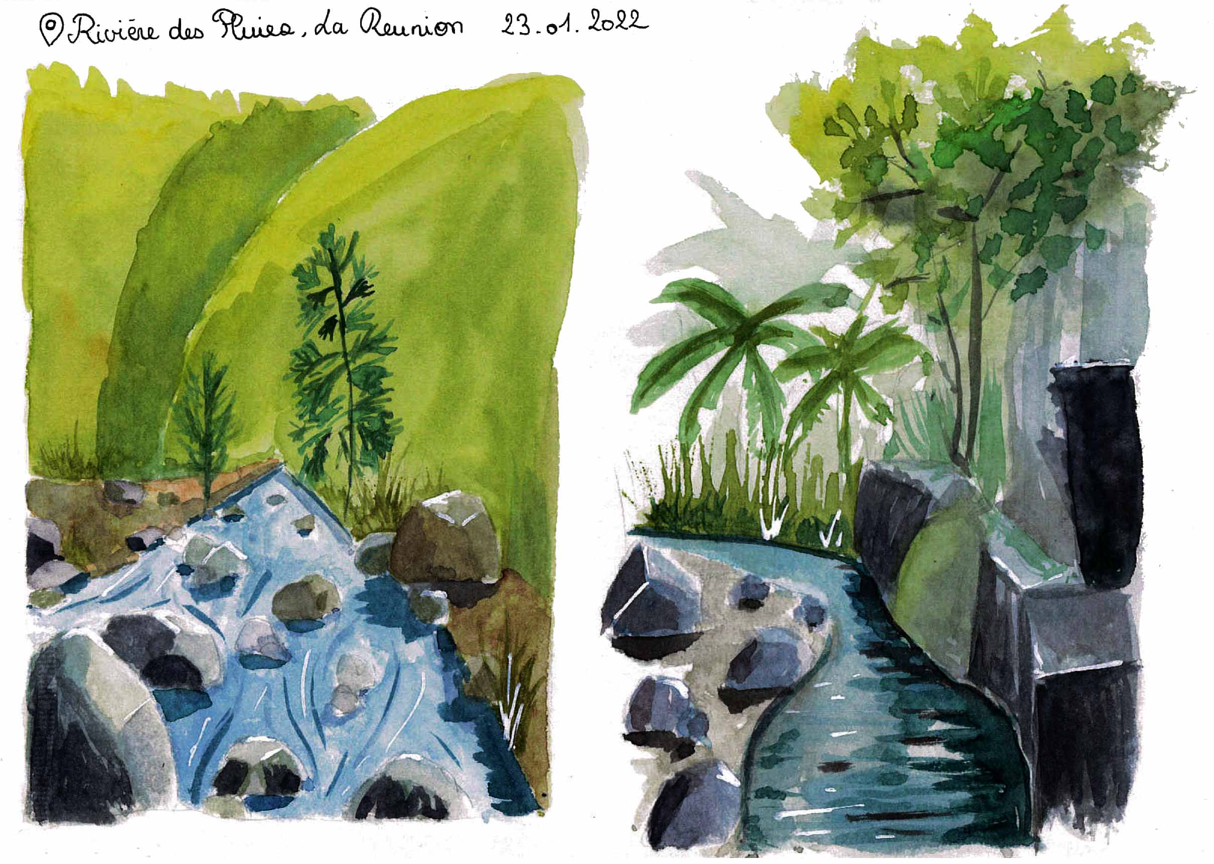 Aquarelle de la rivière des Pluies à Saint-denis de l'île de La Réunion