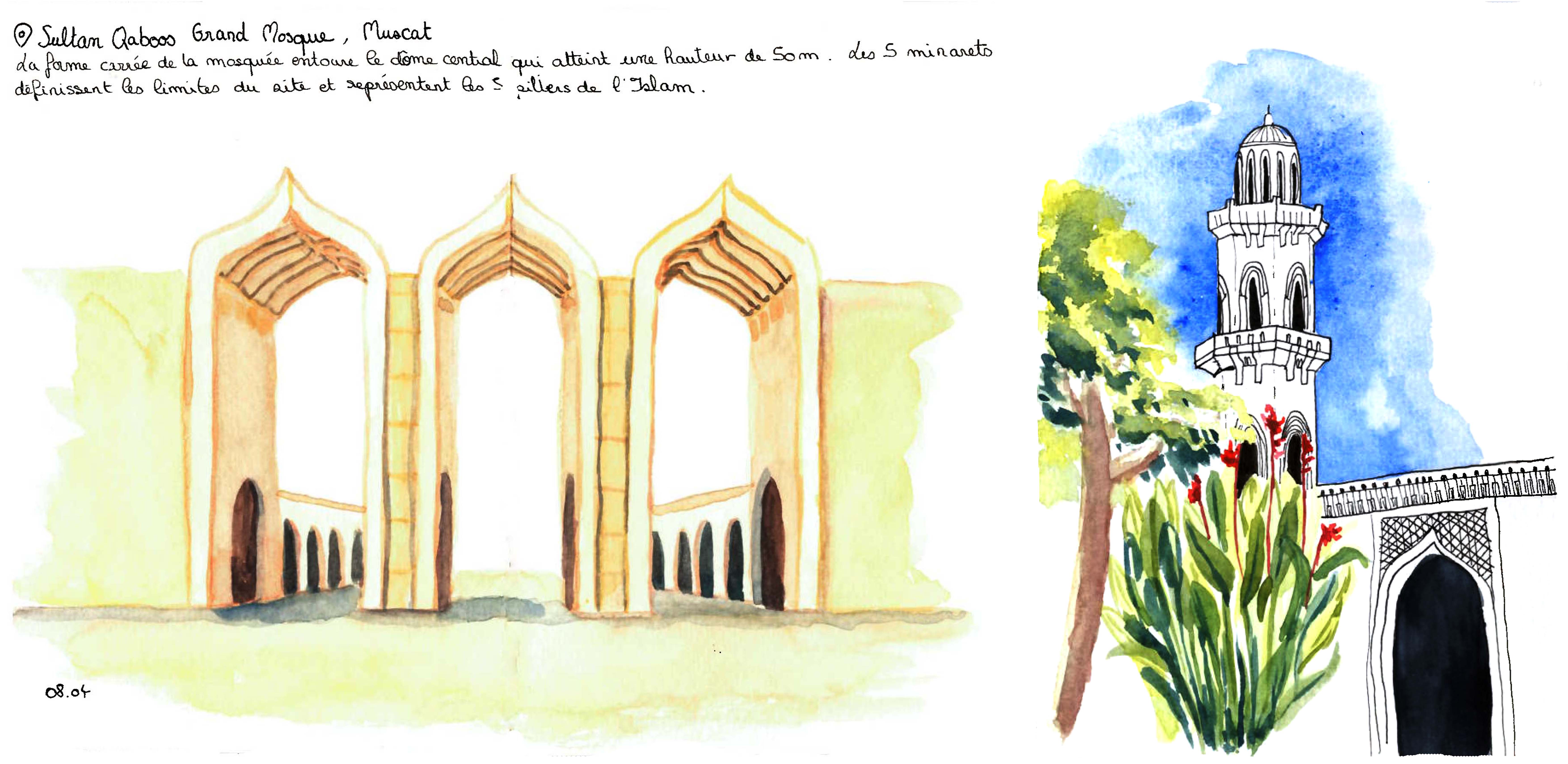Watercolors of Sultan Qaboos Grand Mosque Mosque, Oman