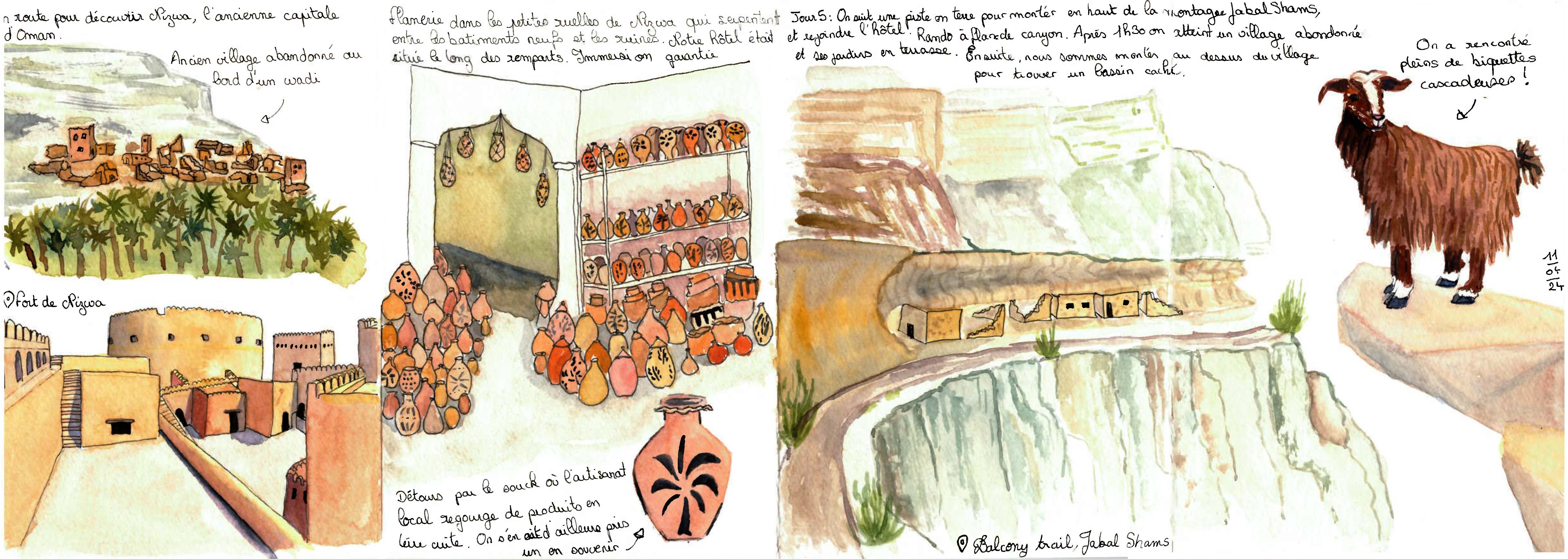 Watercolors of historical city of Nizwa and Jabal Shams with the view from the Balcony trail