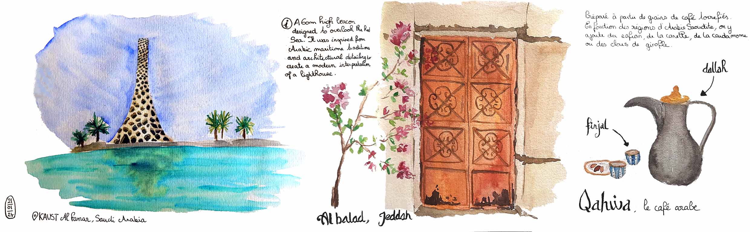 Watercolors of historical doors of Al-Balad Jeddah, saudi arabia