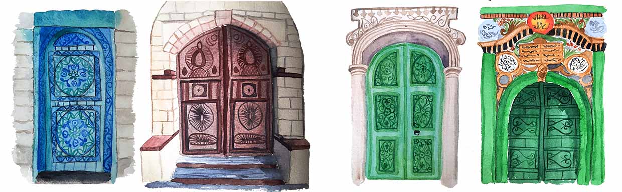 Watercolors of historical doors of Al-Balad Jeddah, saudi arabia