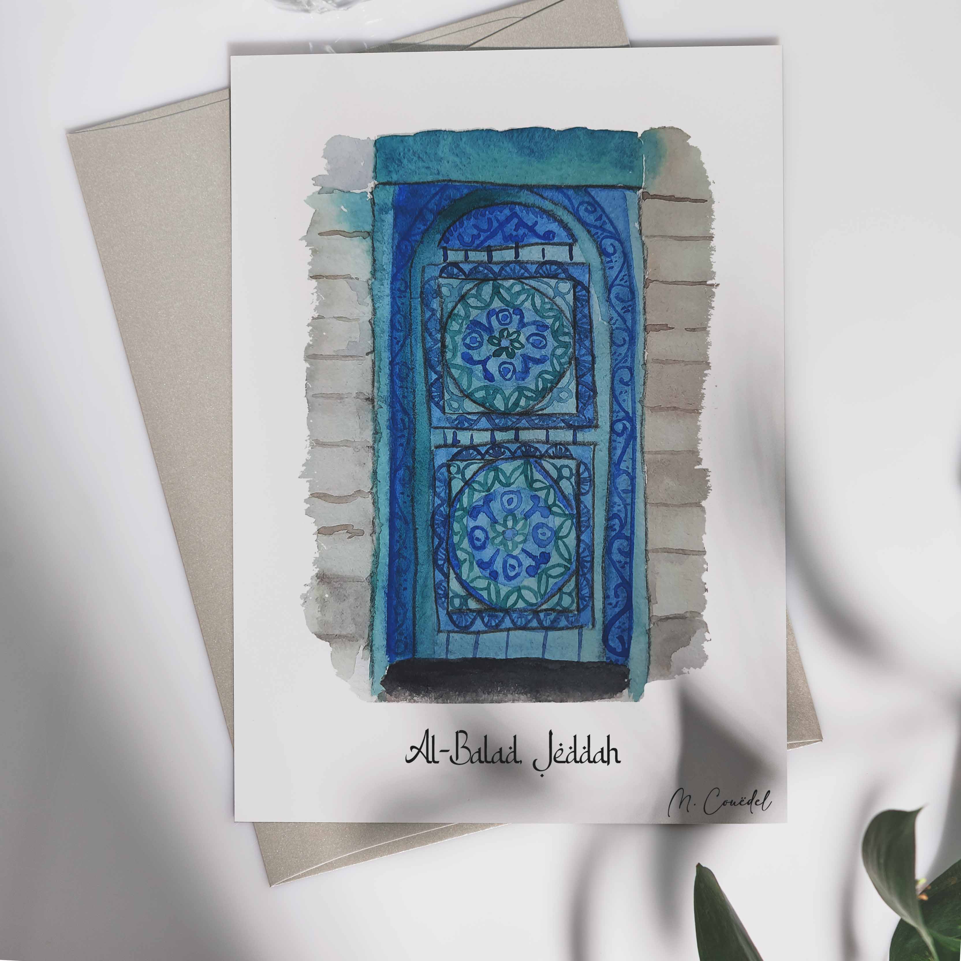 [Watercolors of Al-balad blue door in Jeddah